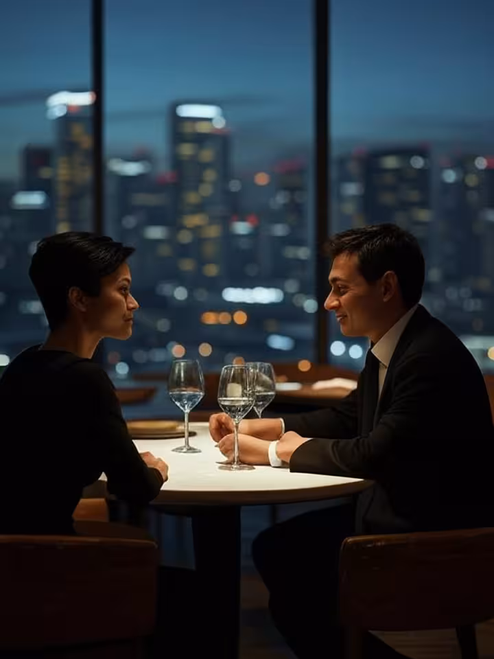 Elegant couple having sophisticated conversation at upscale Chilean restaurant with modern interior