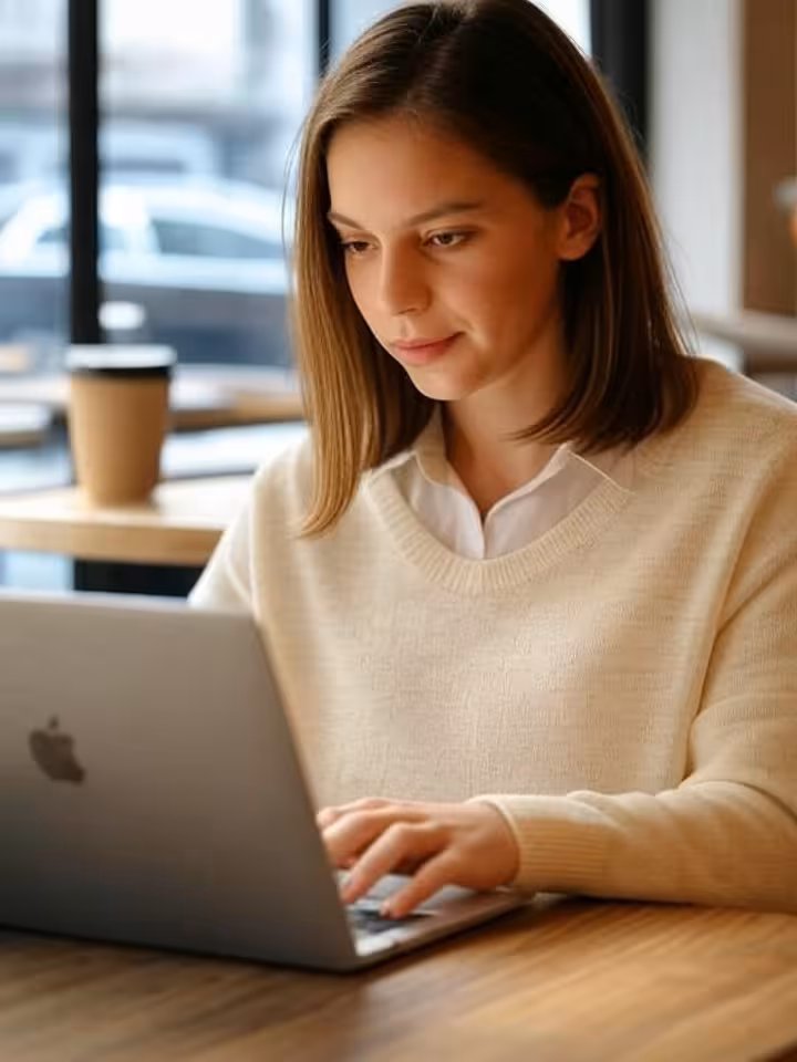 Young professional woman working on laptop in trendy Santiago cafe, natural lighting through large w