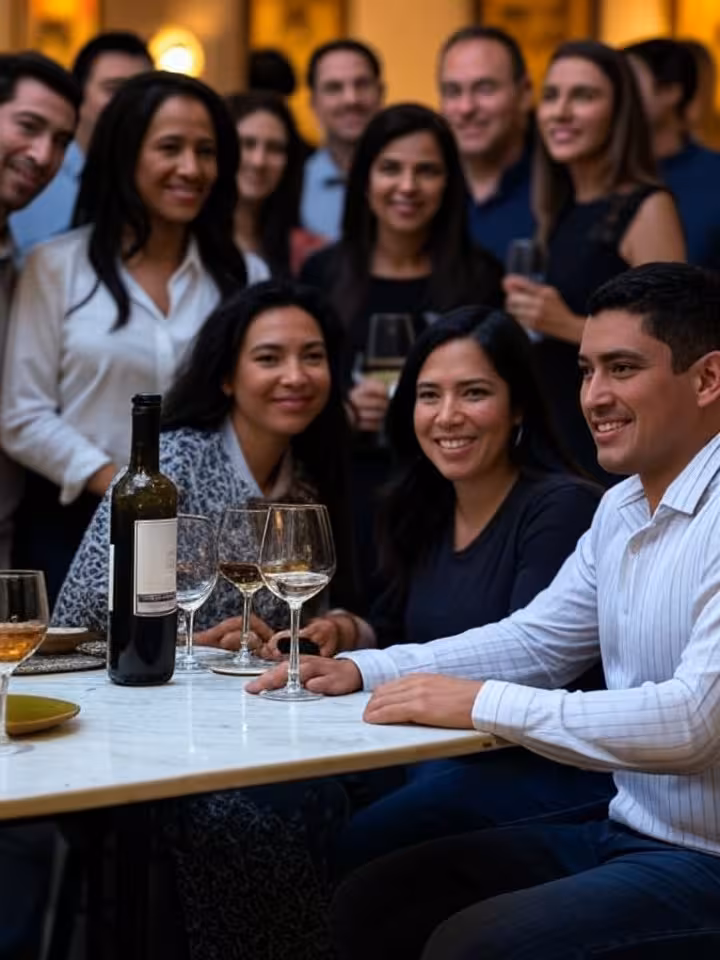 Diverse group socializing at upscale Chilean restaurant, elegant dinner setting, wine glasses, sophi