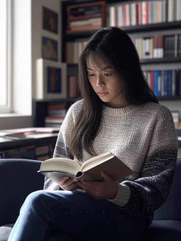 Intellectual young woman reading book in modern cultural space, surrounded by art and books, soft na
