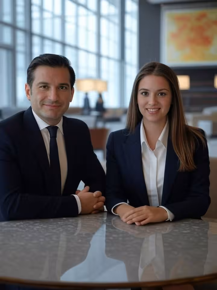 Chilean businessman and young woman having business meeting in luxury hotel lobby, professional sett