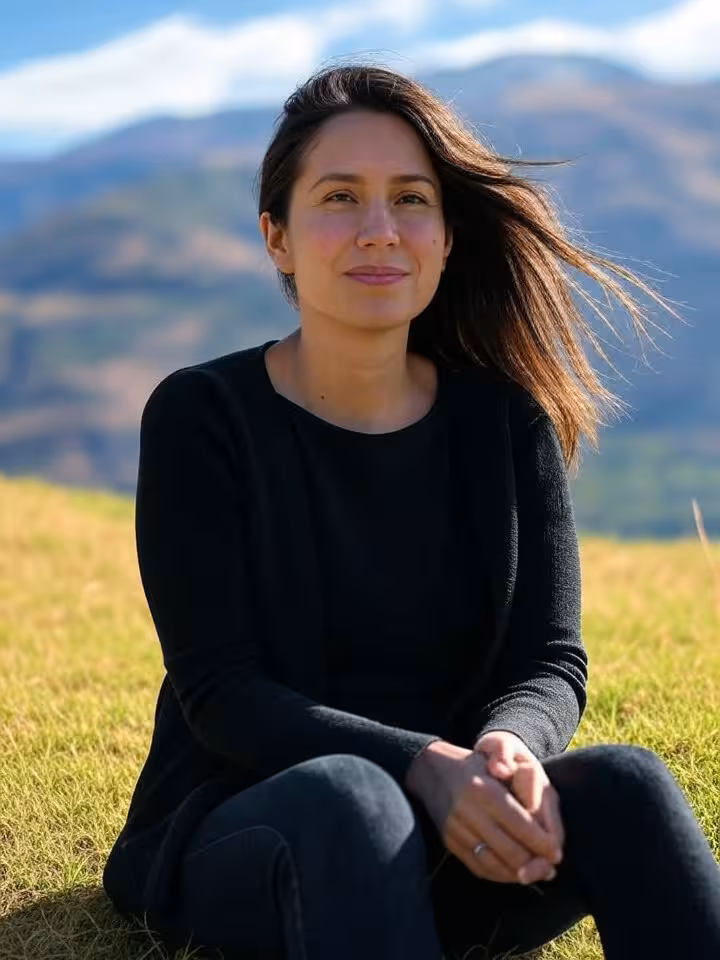 Balanced lifestyle scene showing modern Chilean woman in professional casual outfit enjoying peacefu