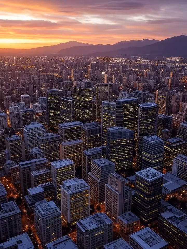 Aerial view of Santiago Chile skyline at sunset, Andes mountains background, urban sophistication, m